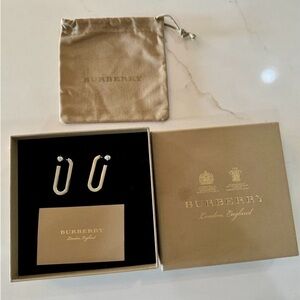 NEW Auth Burberry solid Silver chunky rectangle Hoop Earrings ball stud in box